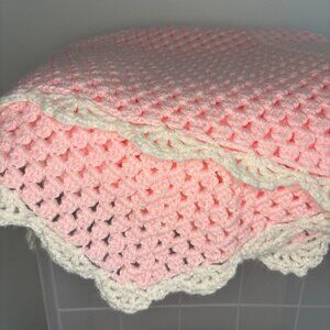Baby Crochet Blanket Handmade Pink White Round